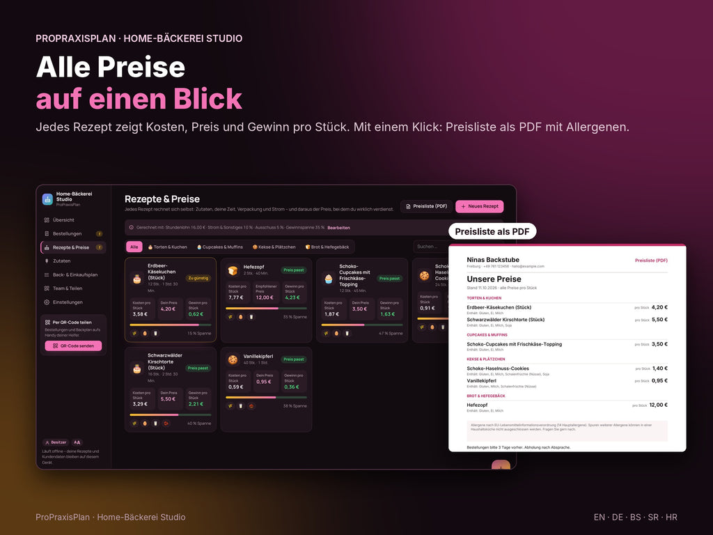 Home-Bäckerei Studio – alle Preise auf einen Blick, Preisliste als PDF mit Allergenen