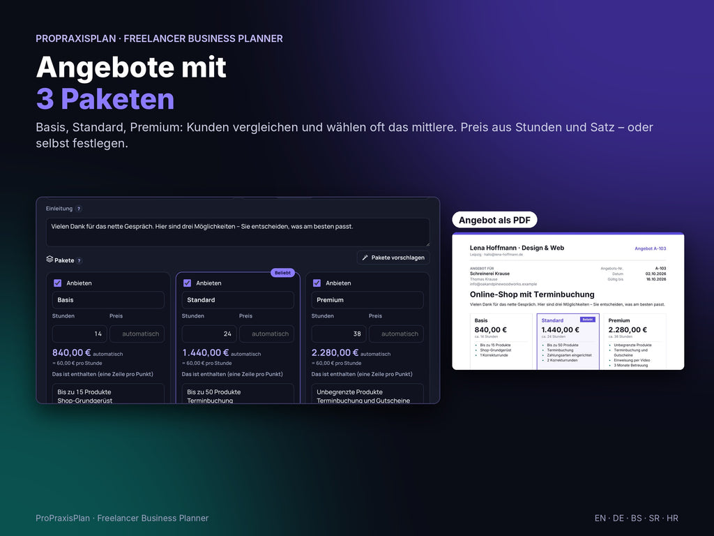 Freelancer Business Planner – Angebote mit 3 Paketen