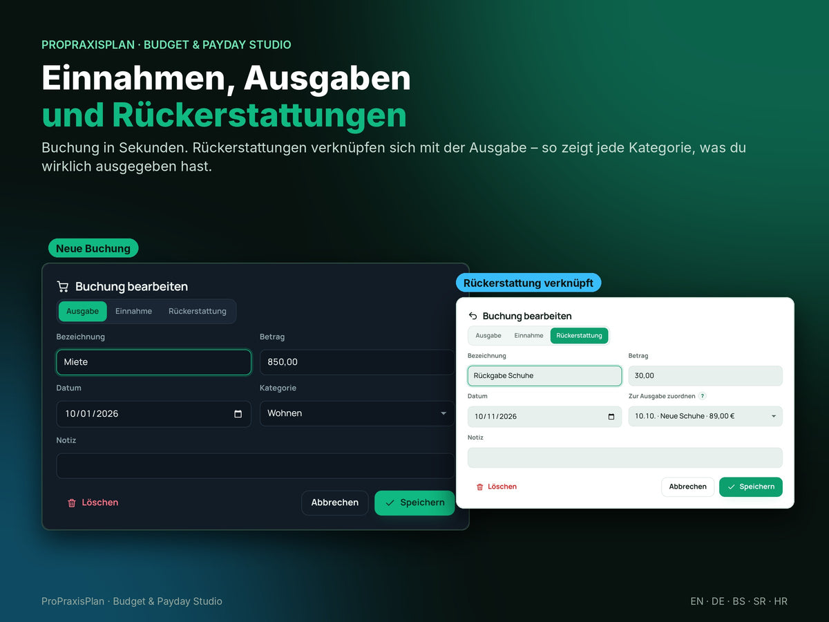 Budget & Payday Studio – Einnahmen, Ausgaben und Rückerstattungen