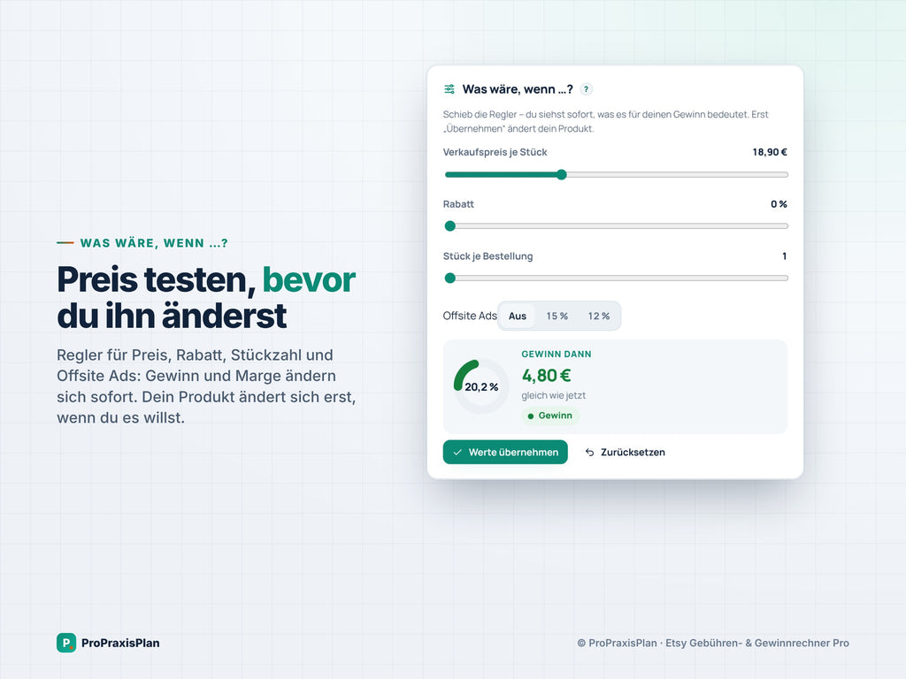 Etsy-Rechner Pro – Preis testen, bevor du ihn änderst: Regler für Preis, Rabatt, Stückzahl und Offsite Ads