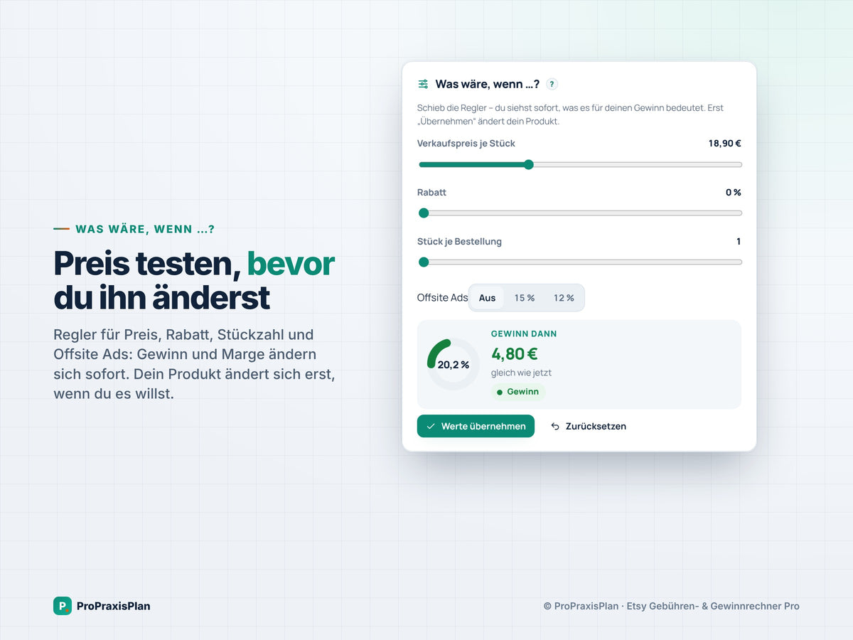 Etsy-Rechner Pro – Preis testen, bevor du ihn änderst: Regler für Preis, Rabatt, Stückzahl und Offsite Ads