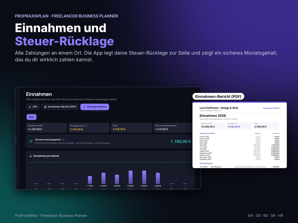Freelancer Business Planner – Einnahmen und Steuer-Rücklage