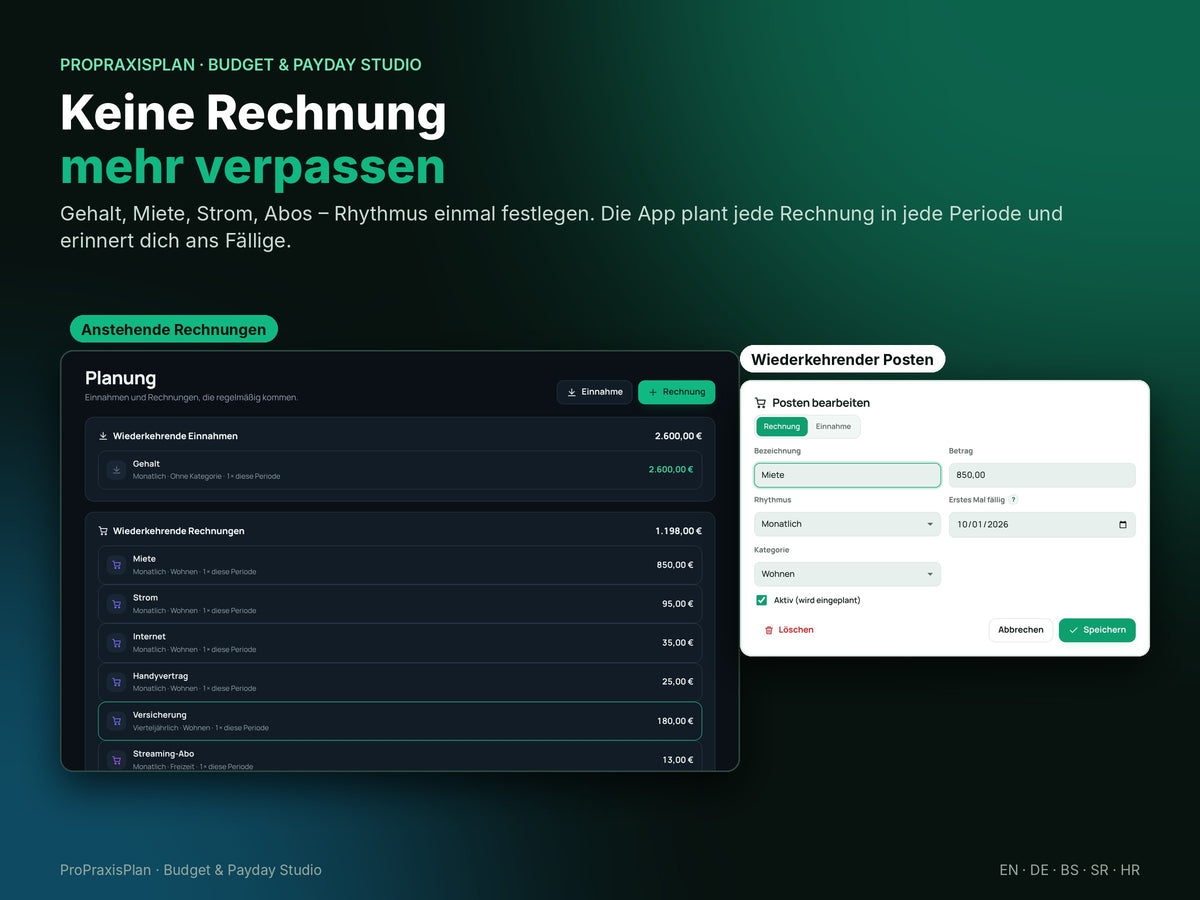 Budget & Payday Studio – keine Rechnung mehr verpassen