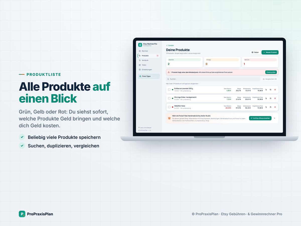 Etsy-Rechner Pro – alle Produkte auf einen Blick: Grün, Gelb oder Rot zeigt, welches Produkt Geld bringt