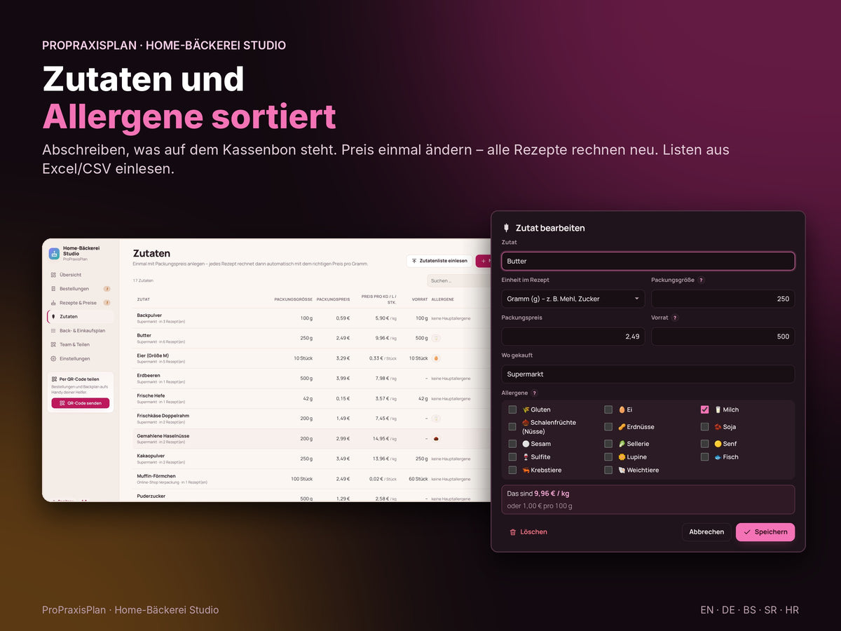 Home-Bäckerei Studio – Zutaten und Allergene sortiert
