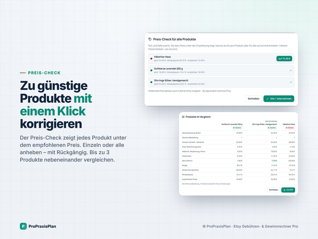 Etsy-Rechner Pro – Preis-Check: zu günstige Produkte mit einem Klick korrigieren und bis zu 3 Produkte vergleichen