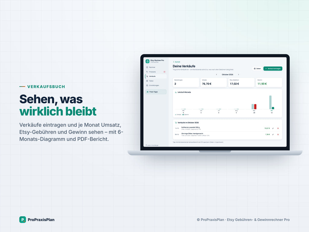 Etsy-Rechner Pro – Verkaufsbuch: Umsatz, Etsy-Gebühren und Gewinn je Monat mit 6-Monats-Diagramm und PDF-Bericht
