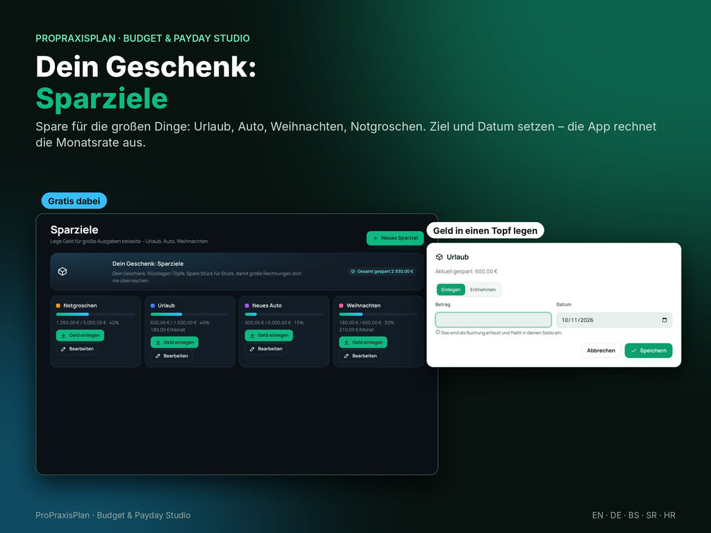 Budget & Payday Studio – Geschenk: Sparziele