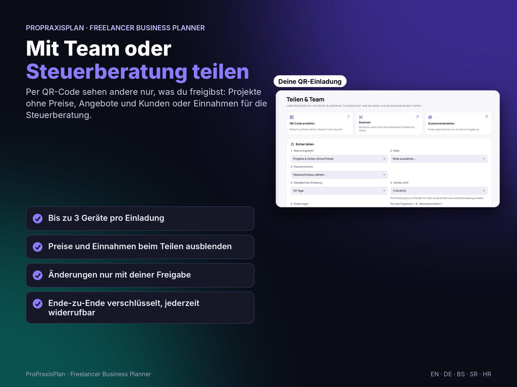 Freelancer Business Planner – mit Team oder Steuerberatung teilen