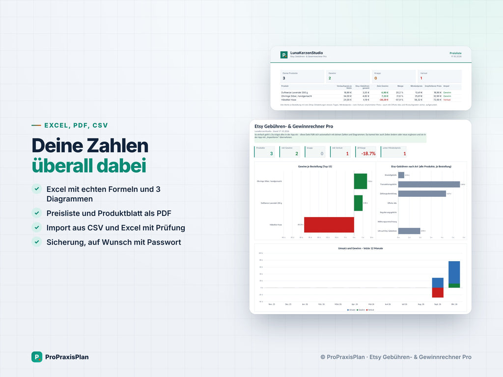 Etsy-Rechner Pro – deine Zahlen überall dabei: Excel mit Formeln und Diagrammen, PDF-Preisliste, Import aus CSV und Excel