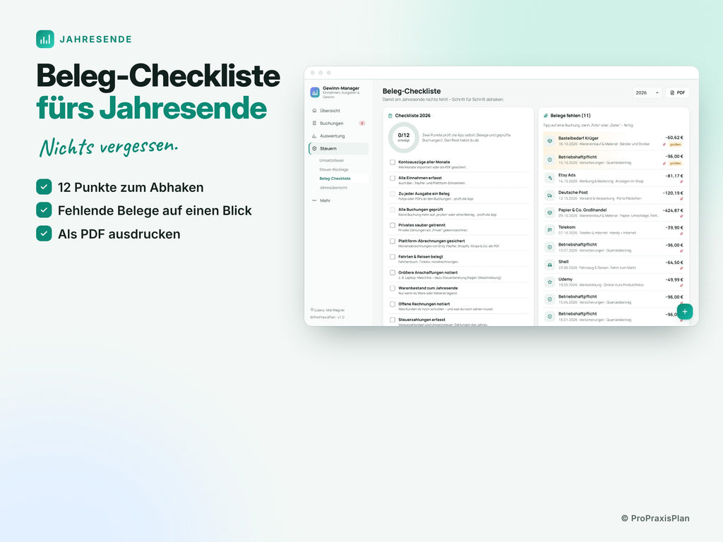 Gewinn-Manager – Beleg-Checkliste fürs Jahresende