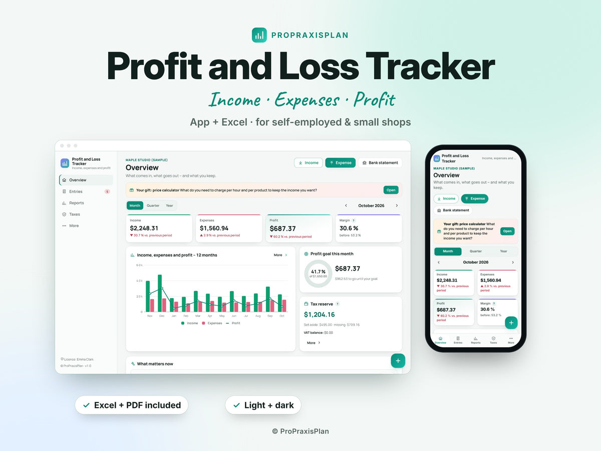 Profit and Loss Tracker – income, expenses and profit, app + Excel for the self-employed and small shops