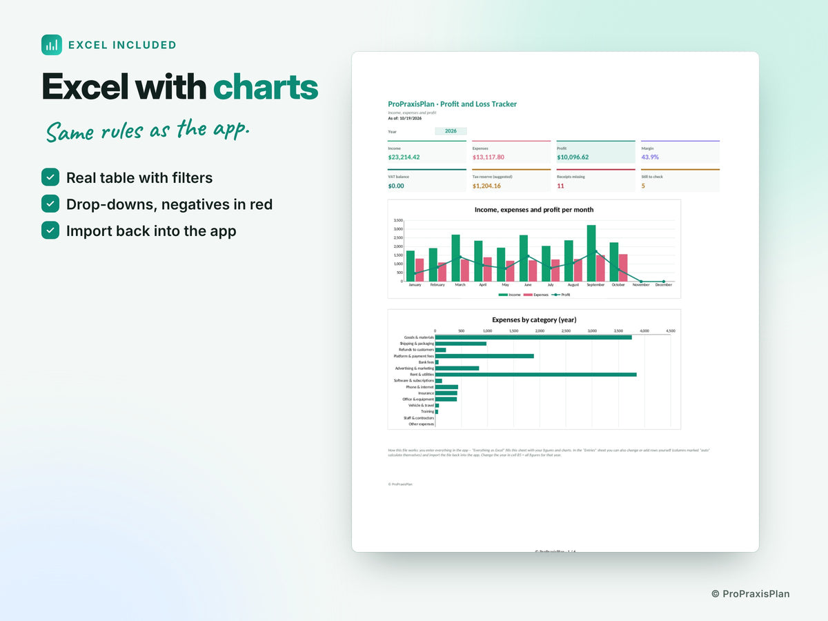 Profit and Loss Tracker – Excel with charts