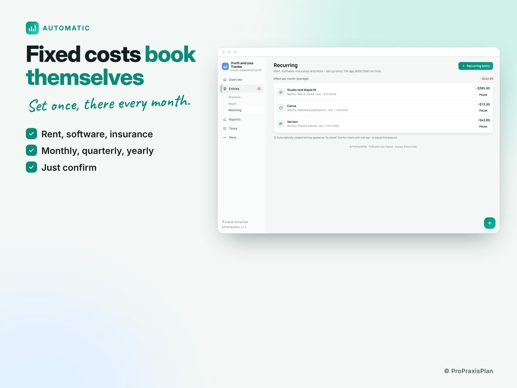 Profit and Loss Tracker – Fixed costs book themselves
