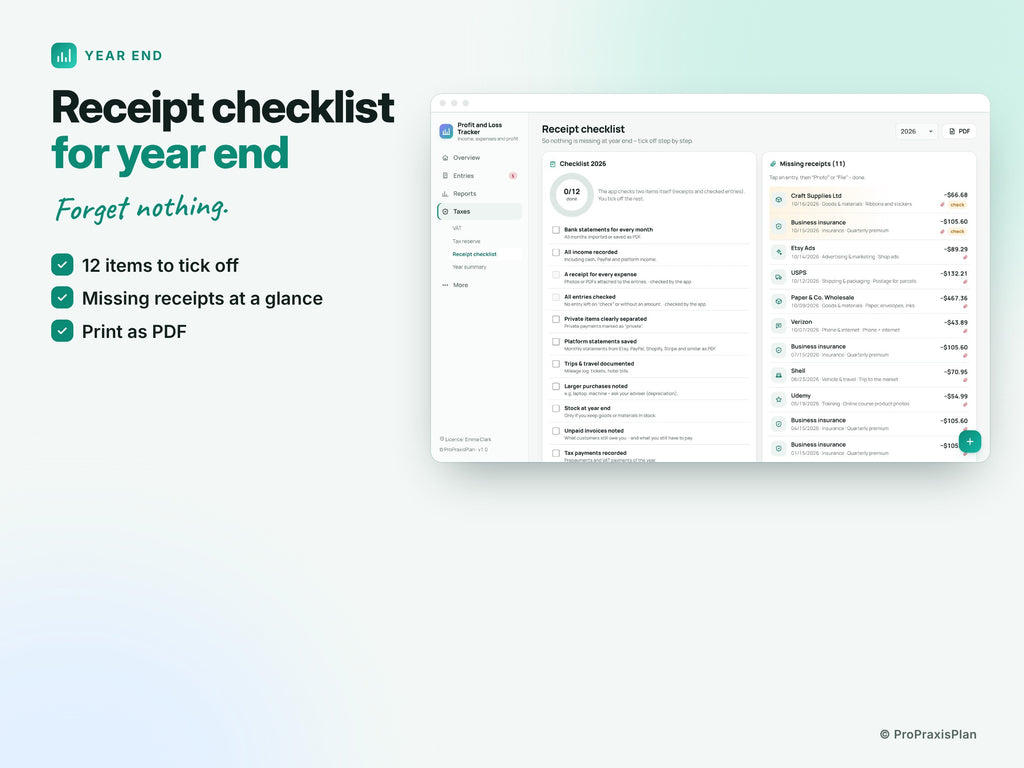 Profit and Loss Tracker – Receipt checklist for year end