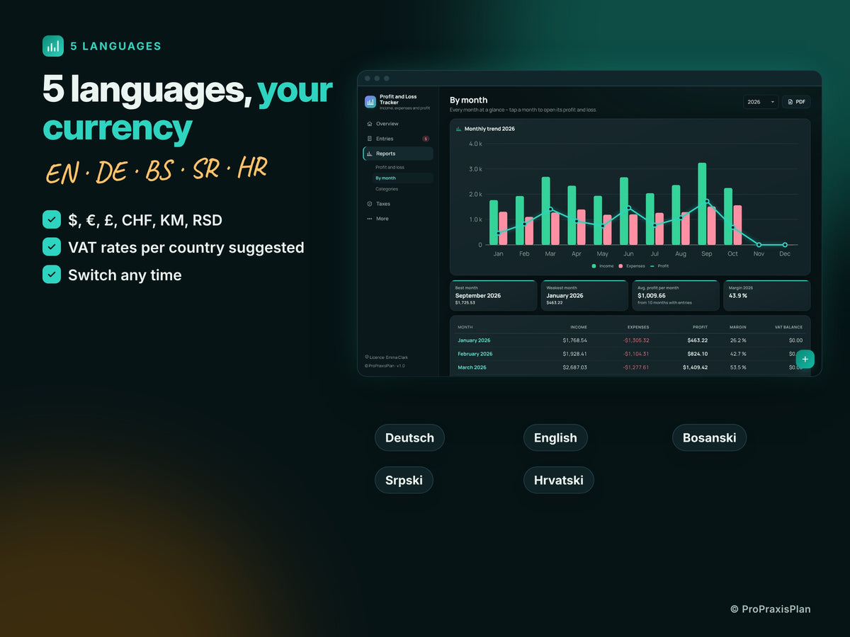 Profit and Loss Tracker – 5 languages, your currency