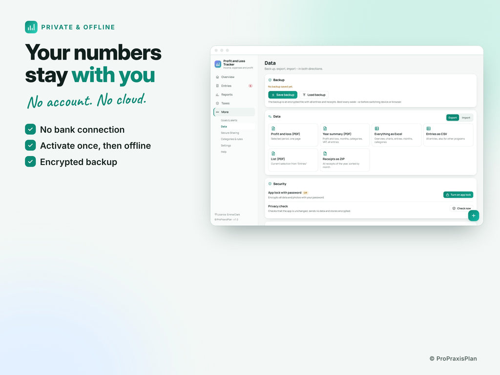 Profit and Loss Tracker – Your numbers stay with you