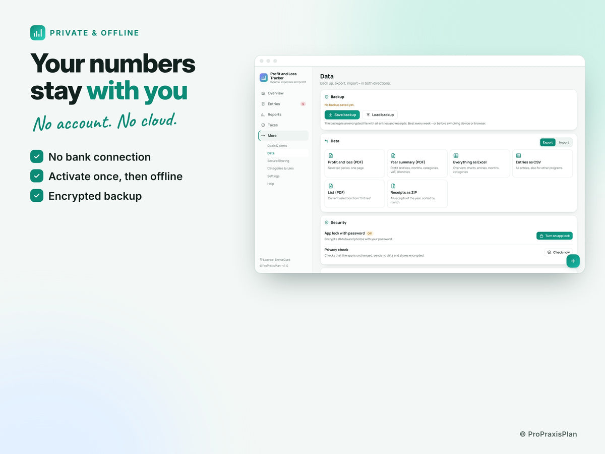 Profit and Loss Tracker – Your numbers stay with you
