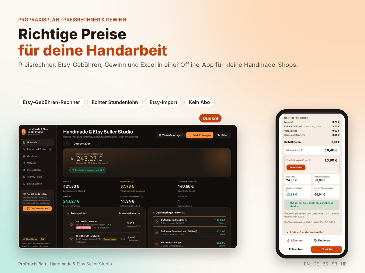 Handmade & Etsy Seller Studio – richtige Preise für deine Handarbeit, heller und dunkler Modus