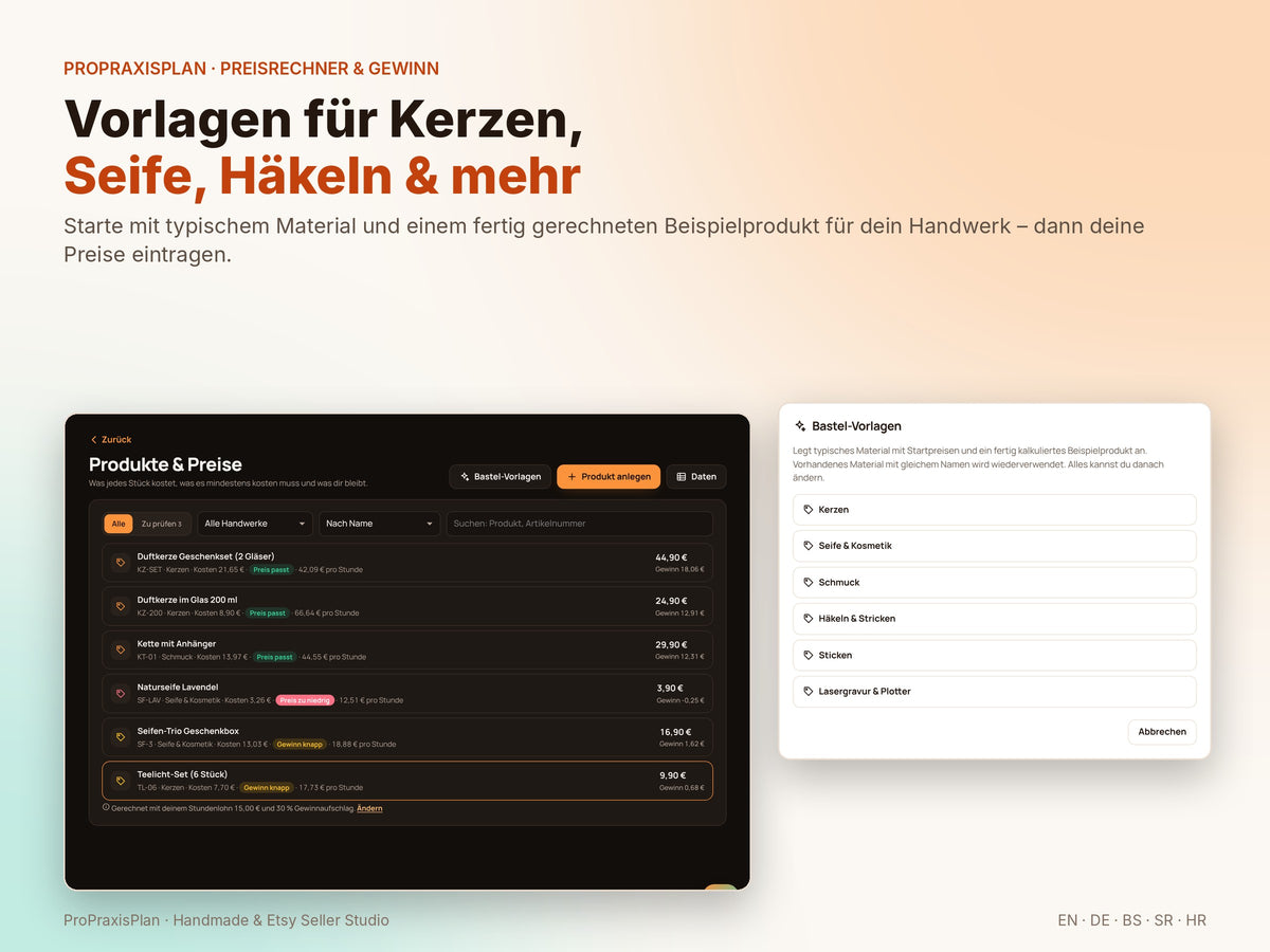 Seller Studio – Vorlagen für Kerzen, Seife, Häkeln und mehr