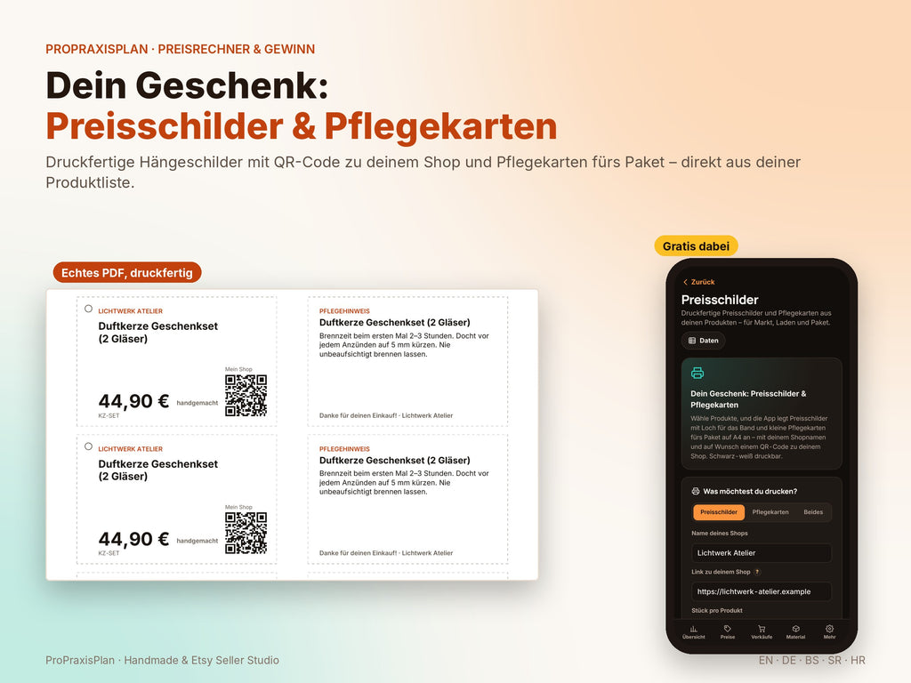 Seller Studio – Geschenk: Preisschilder und Pflegekarten