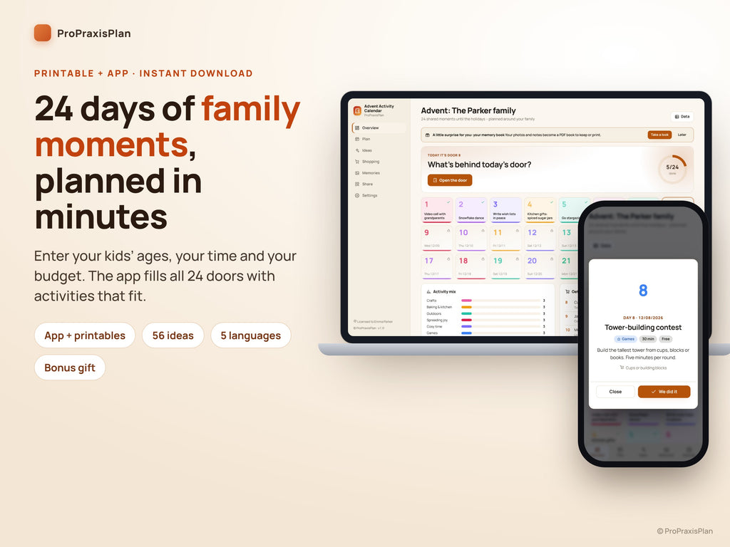 Advent Activity Calendar – 24 days of family moments planned in minutes, app on computer and phone