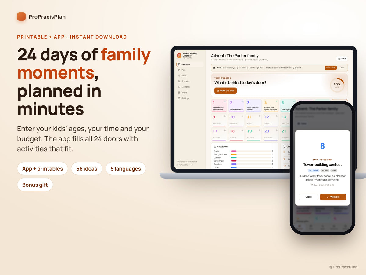 Advent Activity Calendar – 24 days of family moments planned in minutes, app on computer and phone