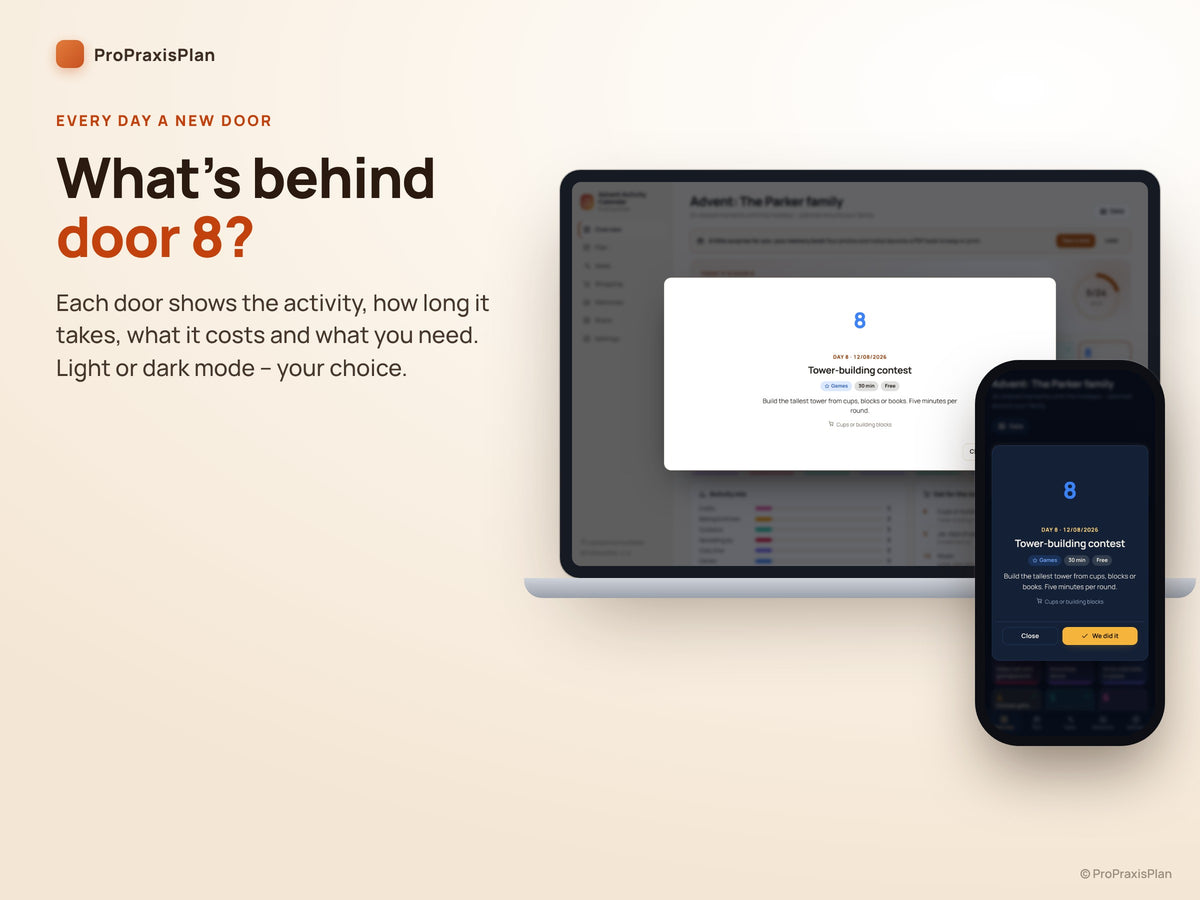 Advent Activity Calendar – open a door with duration, cost and materials, light and dark mode