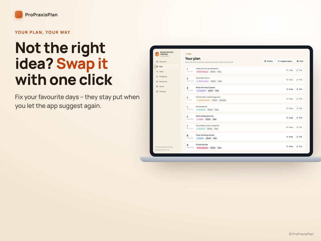 Advent Activity Calendar – swap an activity with one click and set favourite days