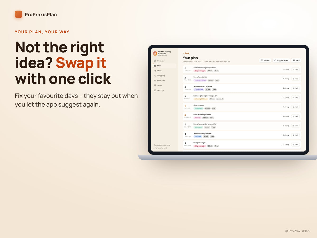 Advent Activity Calendar – swap an activity with one click and set favourite days