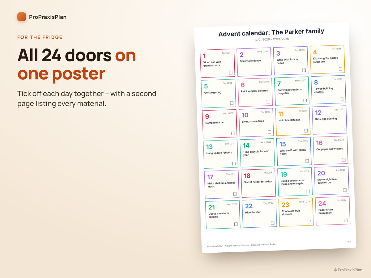 Advent Activity Calendar – all 24 doors on one poster for the fridge