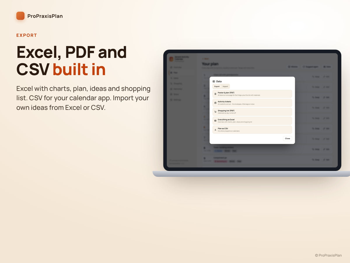 Advent Activity Calendar – export as Excel, PDF and CSV