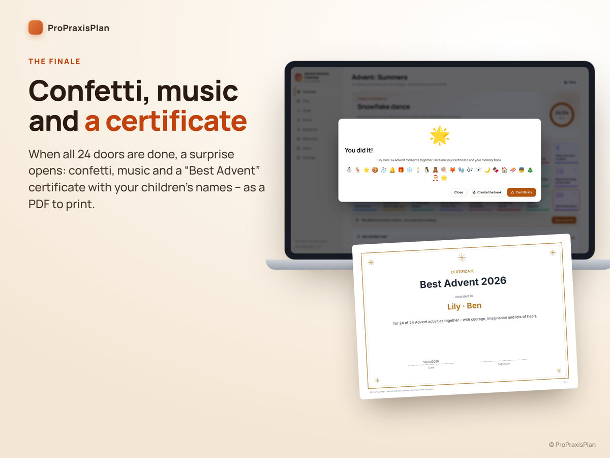 Advent Activity Calendar – finale with confetti, music and a "Best Advent" certificate