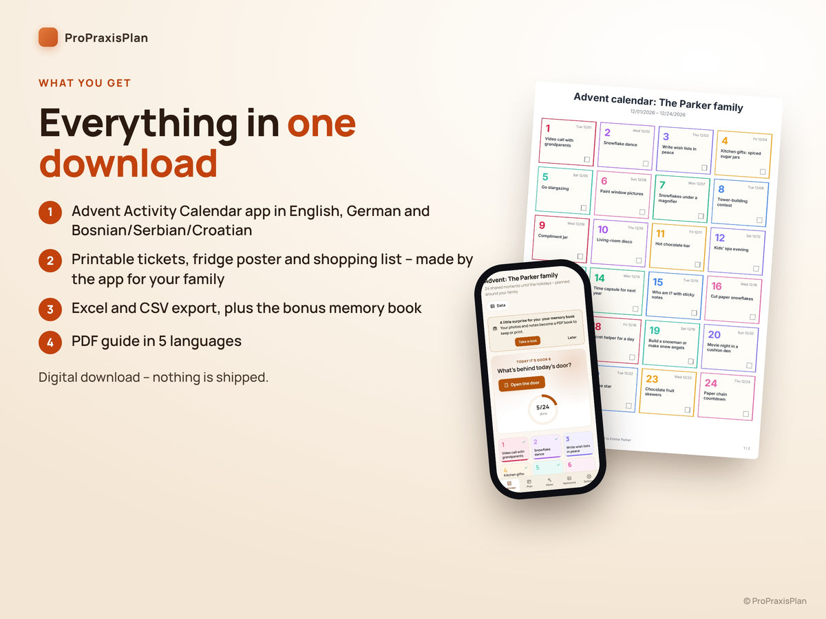 Advent Activity Calendar – what's included: app, printables, Excel and PDF guide