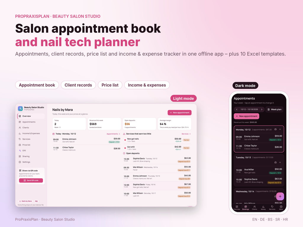 Beauty Salon Studio – appointment book and nail tech planner, light and dark mode