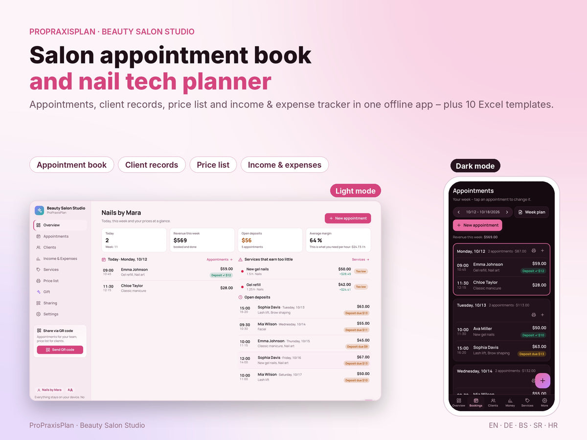 Beauty Salon Studio – appointment book and nail tech planner, light and dark mode