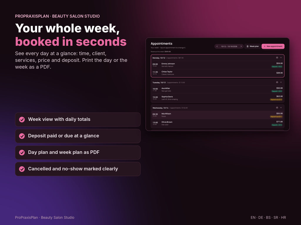 Beauty Salon Studio – your whole week booked in seconds, day and week plan as PDF