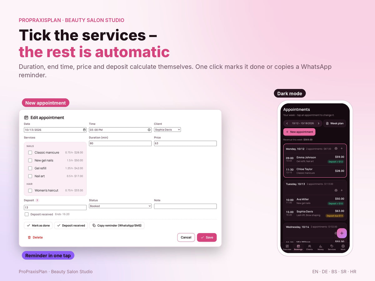 Beauty Salon Studio – tick the services, duration, price and deposit calculate themselves