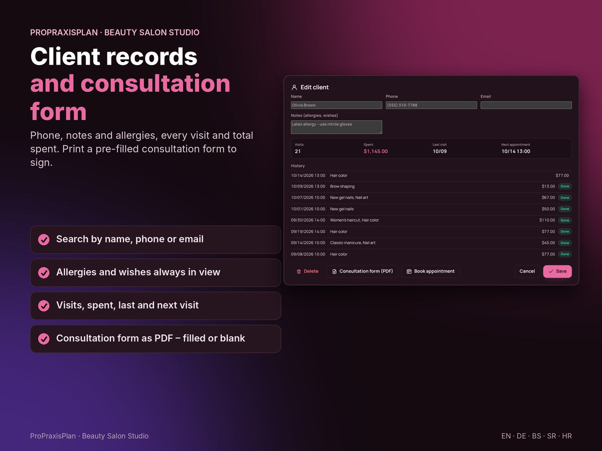Beauty Salon Studio – client records and consultation form