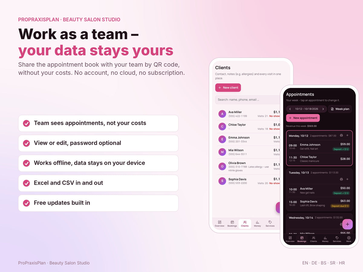 Beauty Salon Studio – work as a team via QR code, your data stays yours