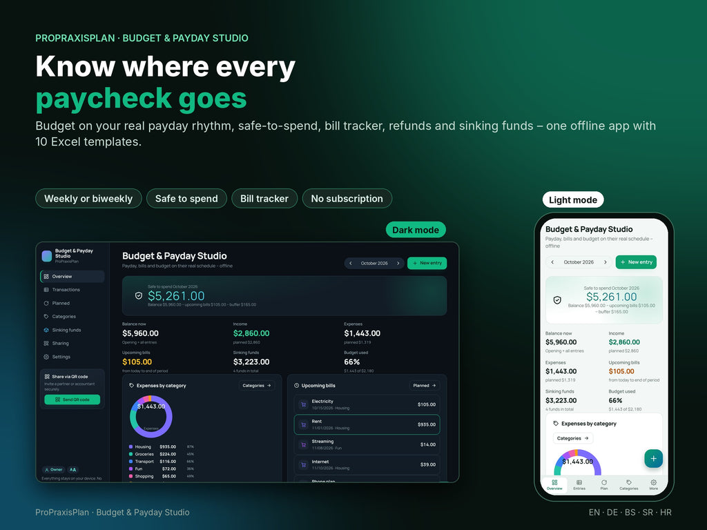 Budget & Payday Studio – know where every paycheck goes, light and dark mode