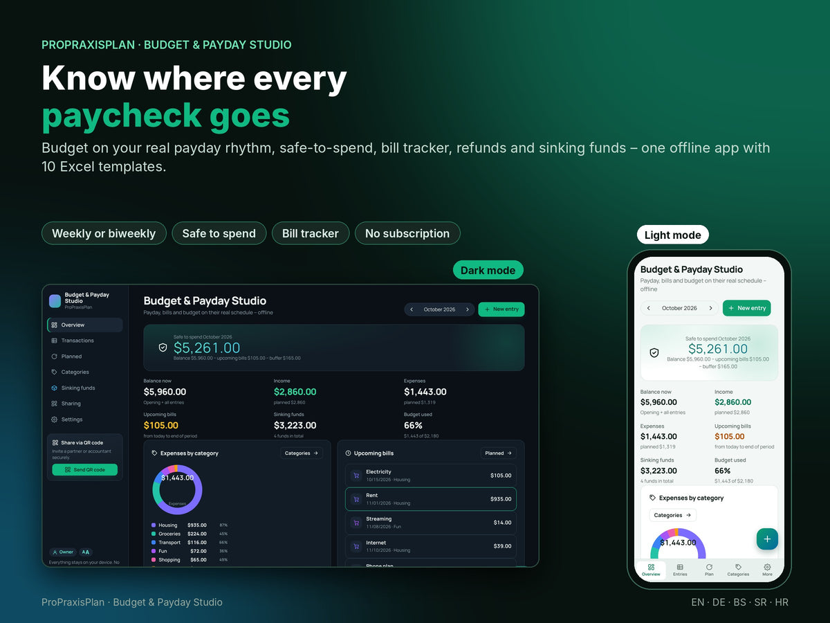 Budget & Payday Studio – know where every paycheck goes, light and dark mode