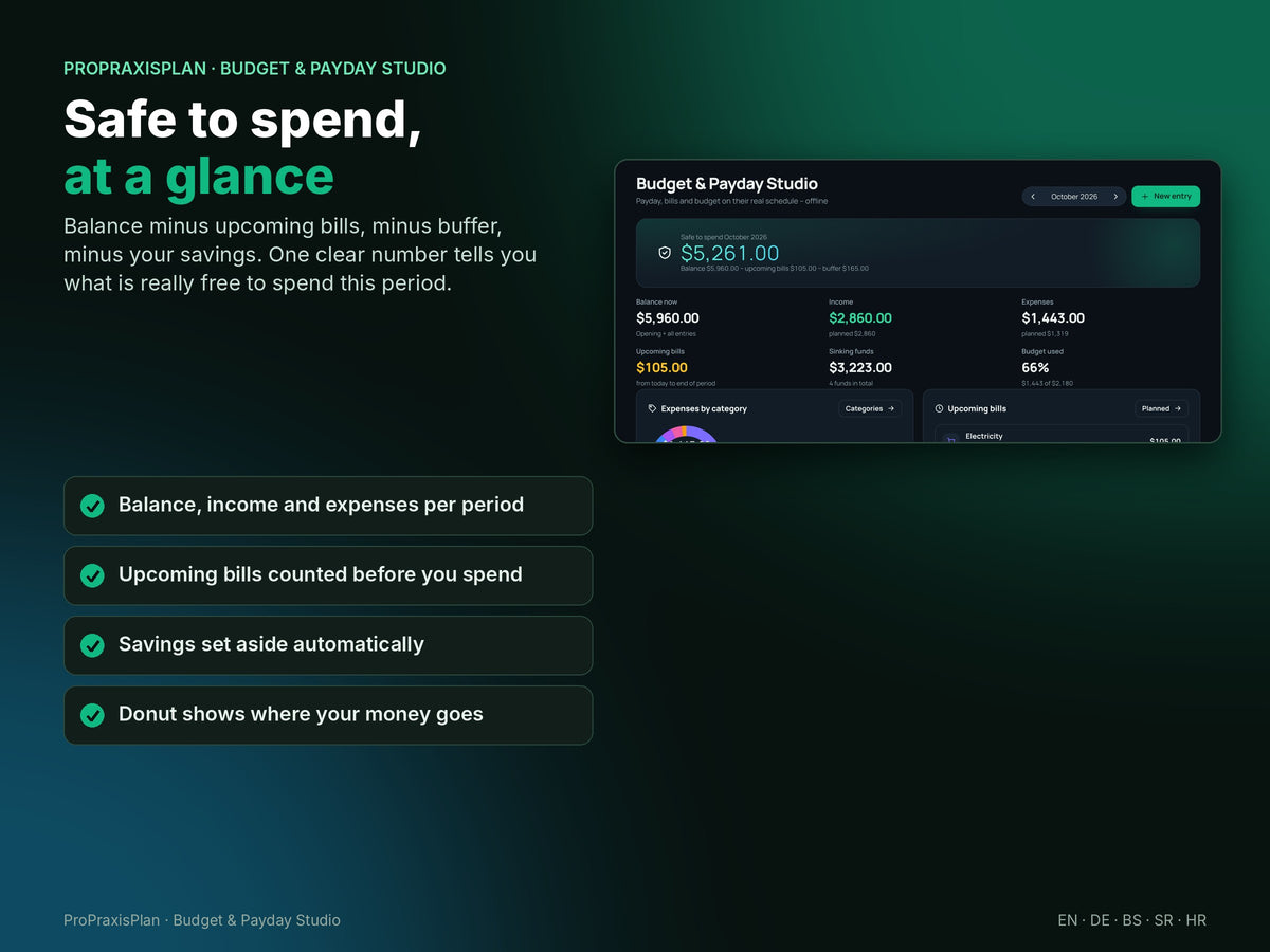 Budget & Payday Studio – safe to spend at a glance