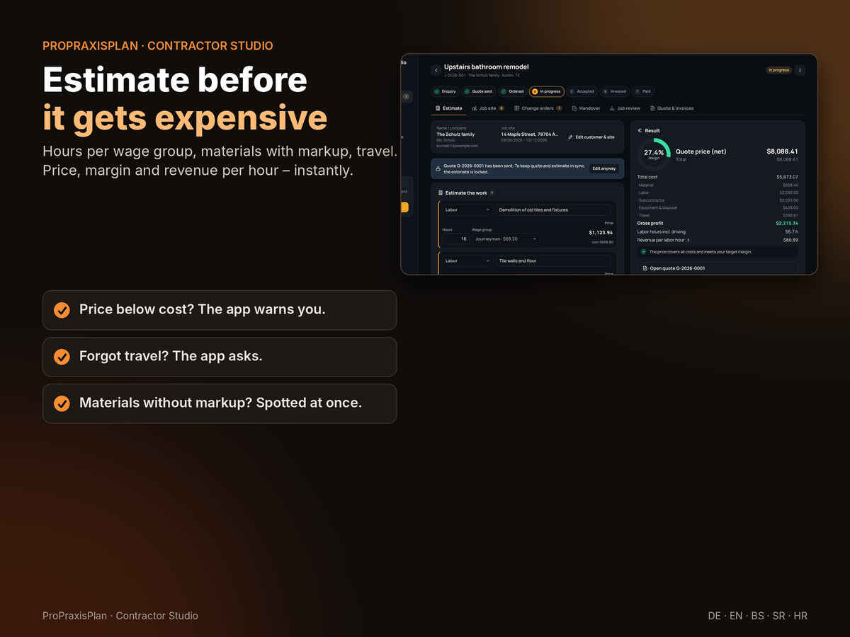 Estimate with labor rates, materials and travel – price, margin and earnings per hour