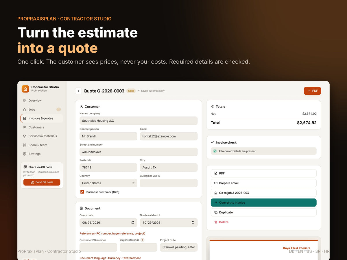 The estimate turns into a quote with a required-details check
