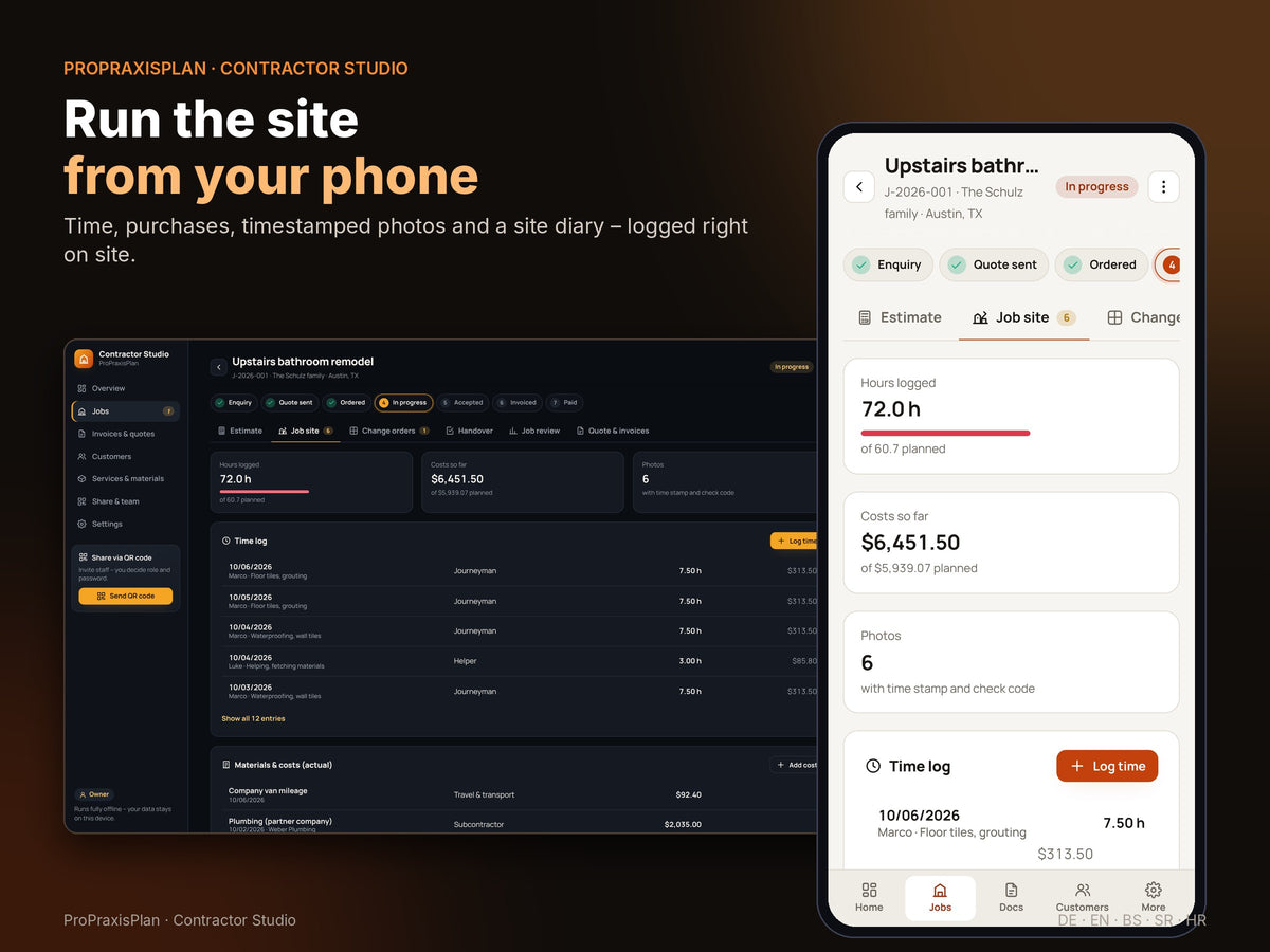 Job site on your phone: working hours, time-stamped photos and site diary