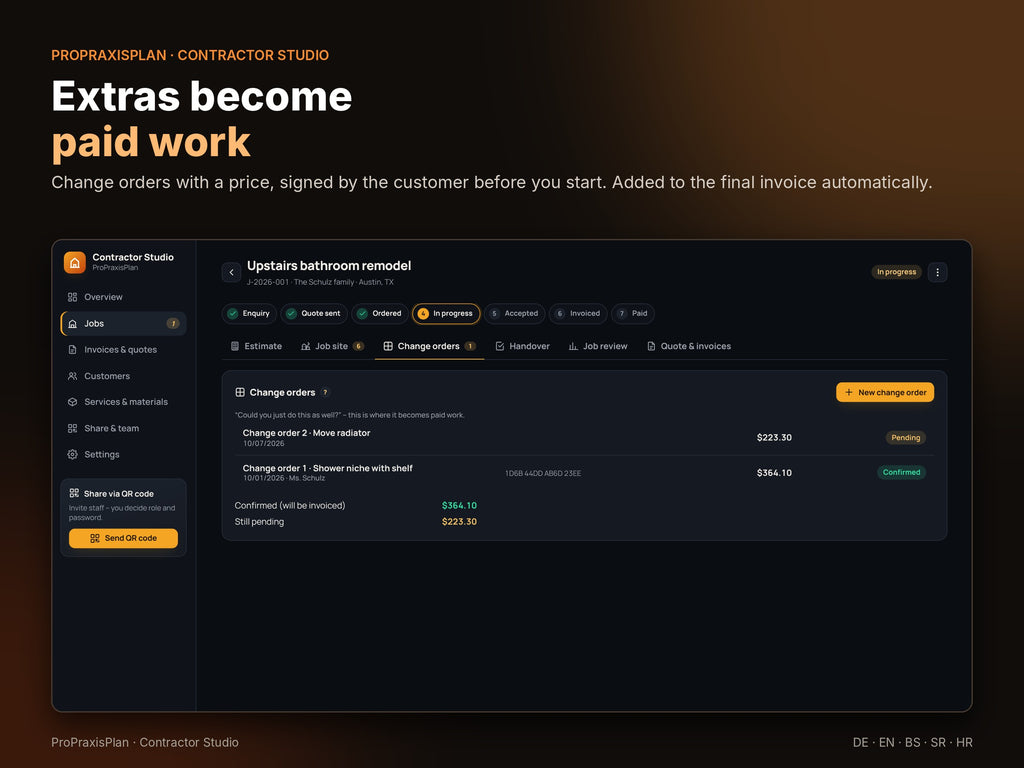 Change orders with price and customer signature