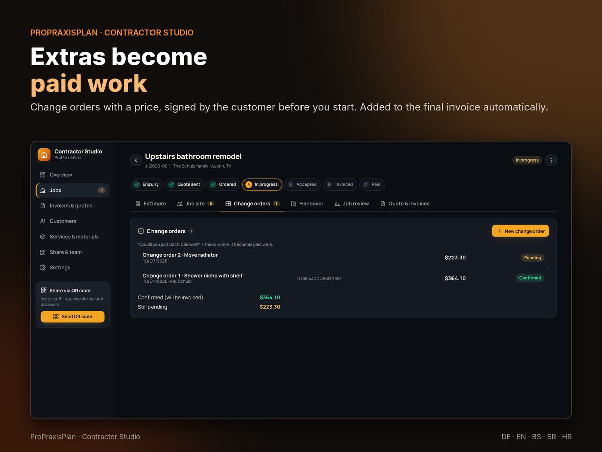 Change orders with price and customer signature