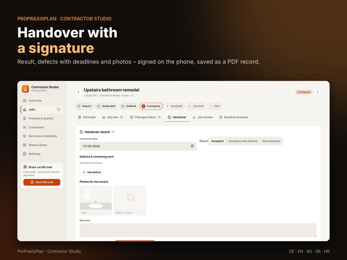 Handover report with defects, photos and signature
