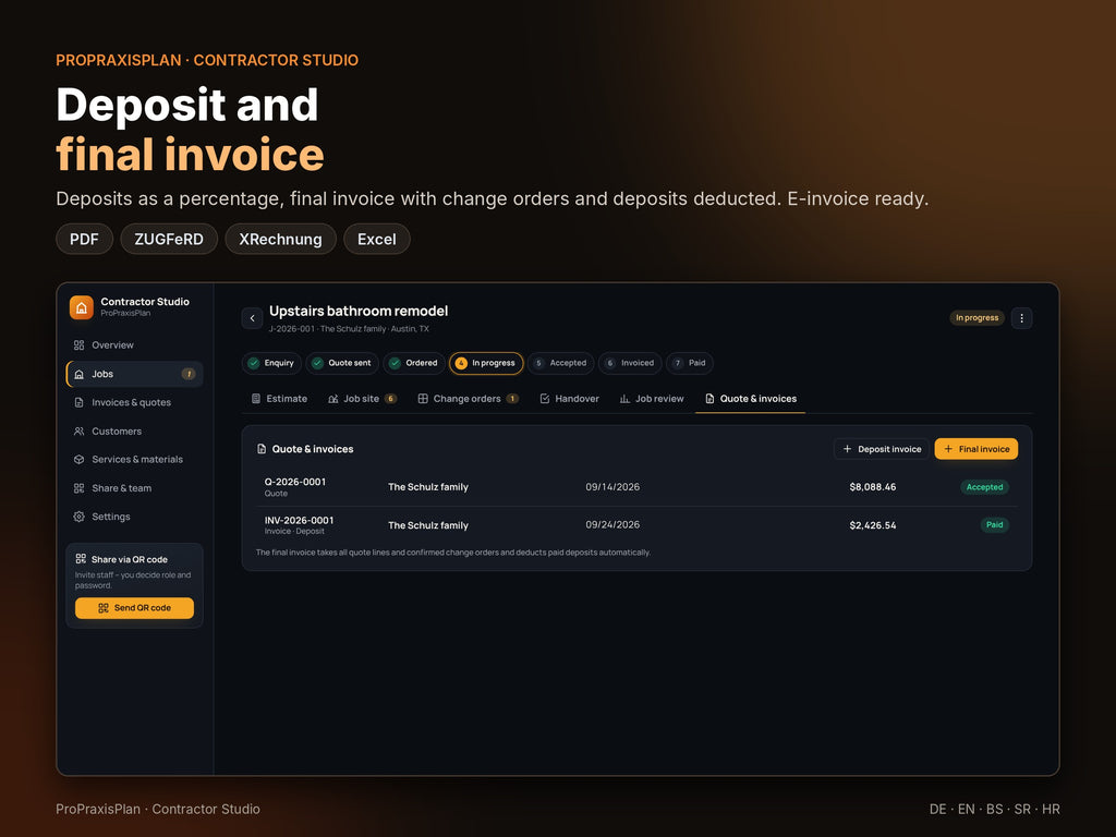 Progress invoice and final invoice, also as e-invoice (ZUGFeRD, XRechnung)